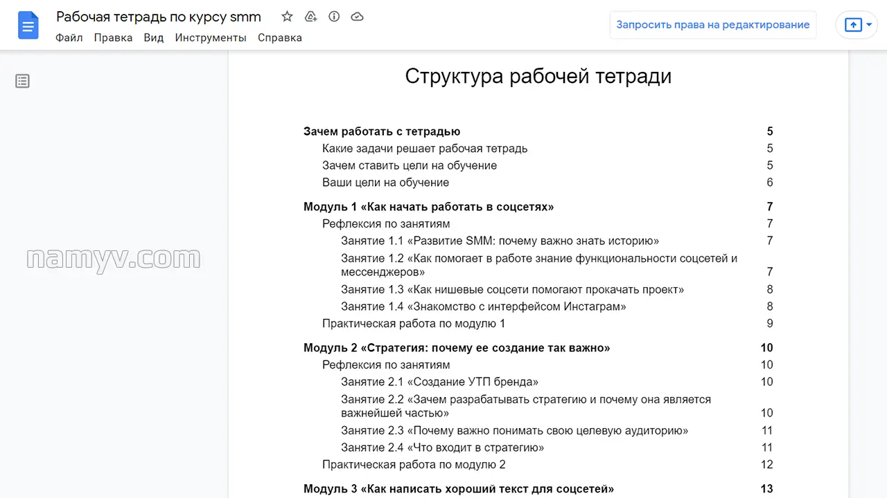 Содержание рабочей тетради по SMM